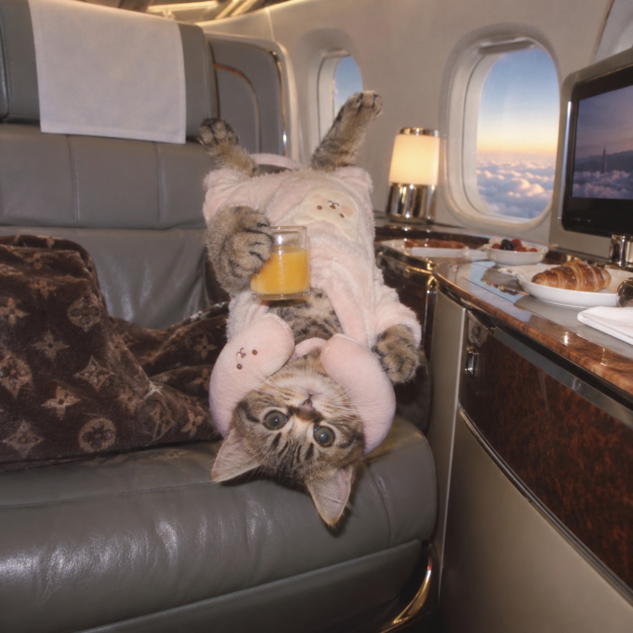 Upside Down Cat flying first class